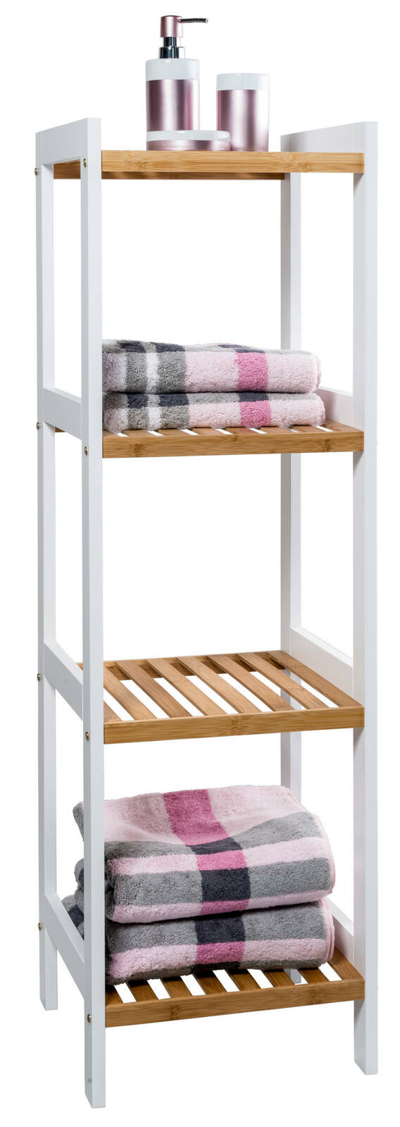 Regal aus Holz mit weißen Seiten und drei Ablagen, darauf Handtücher und Badezimmerzubehör, seitliche Perspektive