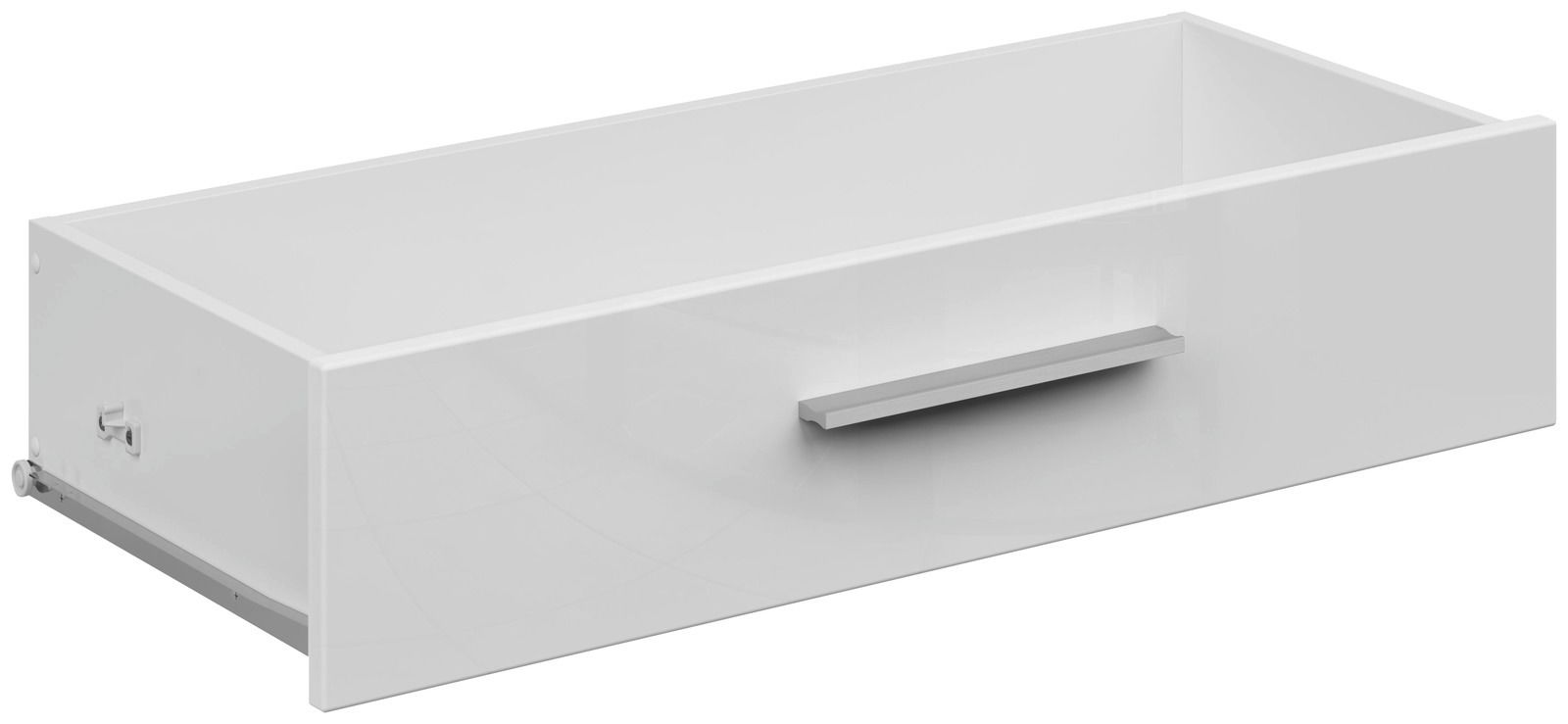 Voleo Schublade breit CONNECT Weiße, breite Schublade mit silbernem Griff, seitliche Perspektive