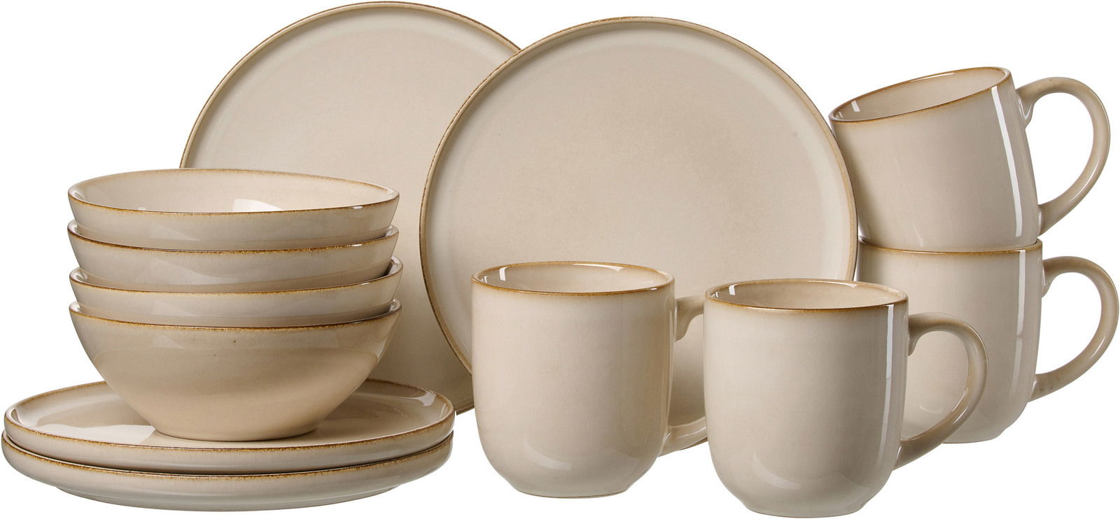 Frontalansicht eines 12-teiligen Frühstückssets Olivia in Beige, bestehend aus Tellern, Schalen und Tassen.