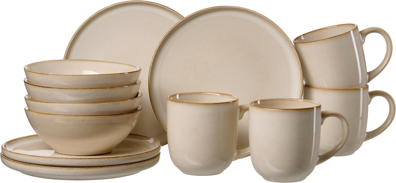 Ritzenhoff & Breker Frühstückset 12-tlg. OLIVIA Frontalansicht eines 12-teiligen Frühstückssets Olivia in Beige, bestehend aus Tellern, Schalen und Tassen.