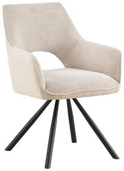 Beiger Armlehnstuhl mit geripptem Stoffbezug und schwarzen Metallbeinen, seitliche Perspektive