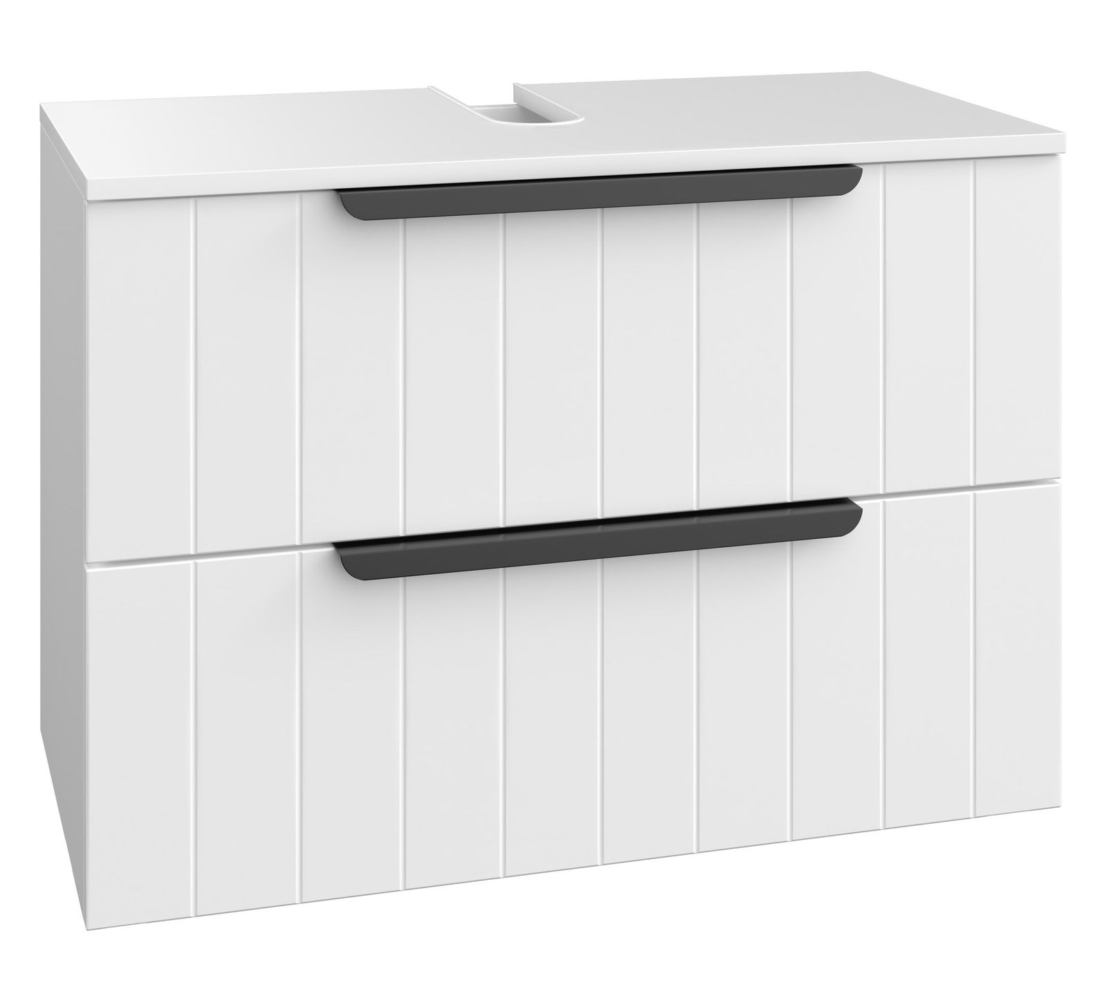 Weißer Waschbeckenunterschrank mit zwei Schubladen und schwarzen Griffen, Frontansicht