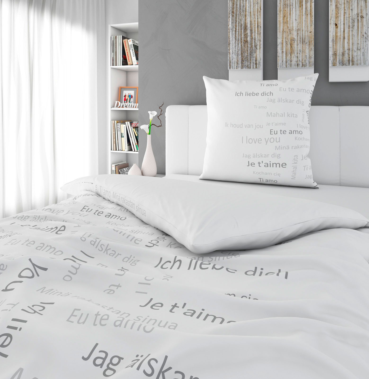 Bettwäsche-Set mit internationalem Liebesbotschafts-Design in einem modernen Schlafzimmer, seitliche Perspektive