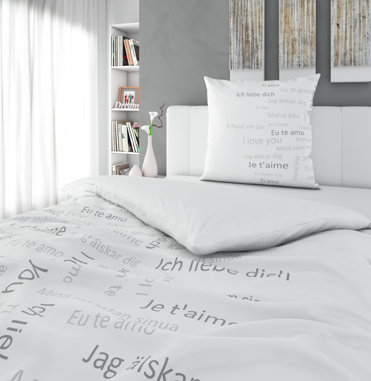 Esposa Bettwäsche Bettwäsche-Set mit internationalem Liebesbotschafts-Design in einem modernen Schlafzimmer, seitliche Perspektive