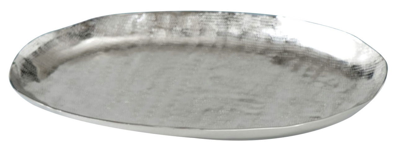 Silbernes, ovales Tablett aus Aluminium mit gehämmerter Oberfläche, seitliche Perspektive