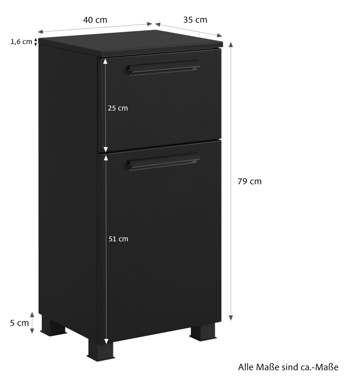 Schwarzer Unterschrank mit zwei Schubladen, Maße: 40 cm Breite, 35 cm Tiefe, 79 cm Höhe, Frontansicht