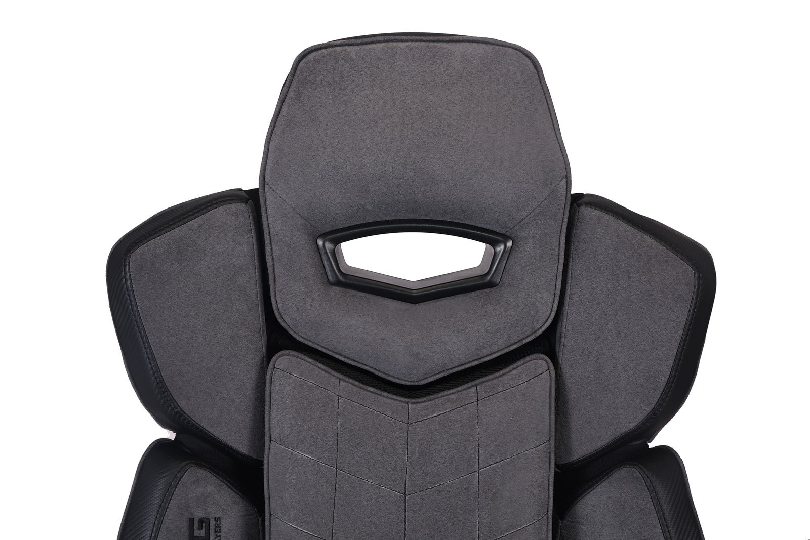 Vorderansicht eines grauen Gaming-Stuhls mit ergonomischem Design und gepolstertem Kopfteil.