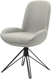 Moderner grauer Stuhl mit gepolsterter Sitzfläche und schwarzem Metallgestell, seitliche Perspektive