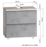 Moderner Waschbeckenunterschrank in Betonoptik mit zwei Schubladen, Frontansicht, Maße: 60 cm Breite, 35 cm Tiefe, 54 cm Höhe.