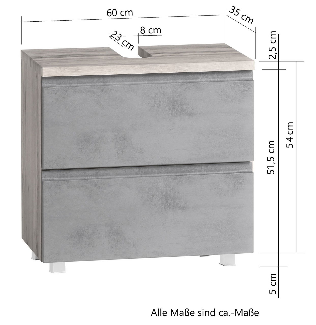 Moderner Waschbeckenunterschrank in Betonoptik mit zwei Schubladen, Frontansicht, Maße: 60 cm Breite, 35 cm Tiefe, 54 cm Höhe.