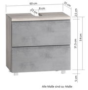 Moderner Waschbeckenunterschrank in Betonoptik mit zwei Schubladen, Frontansicht, Maße: 60 cm Breite, 35 cm Tiefe, 54 cm Höhe.