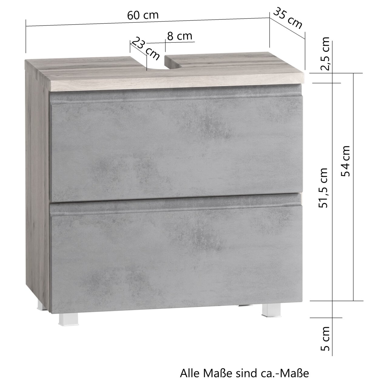Moderner Waschbeckenunterschrank in Betonoptik mit zwei Schubladen, Frontansicht, Maße: 60 cm Breite, 35 cm Tiefe, 54 cm Höhe.
