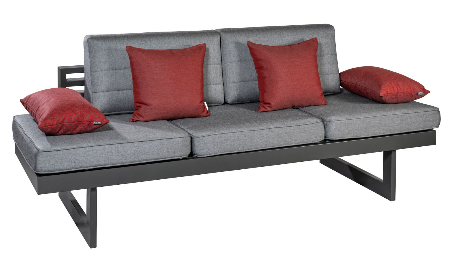 Stern Dekokissen Graues Sofa mit roten Dekokissen, seitliche Perspektive