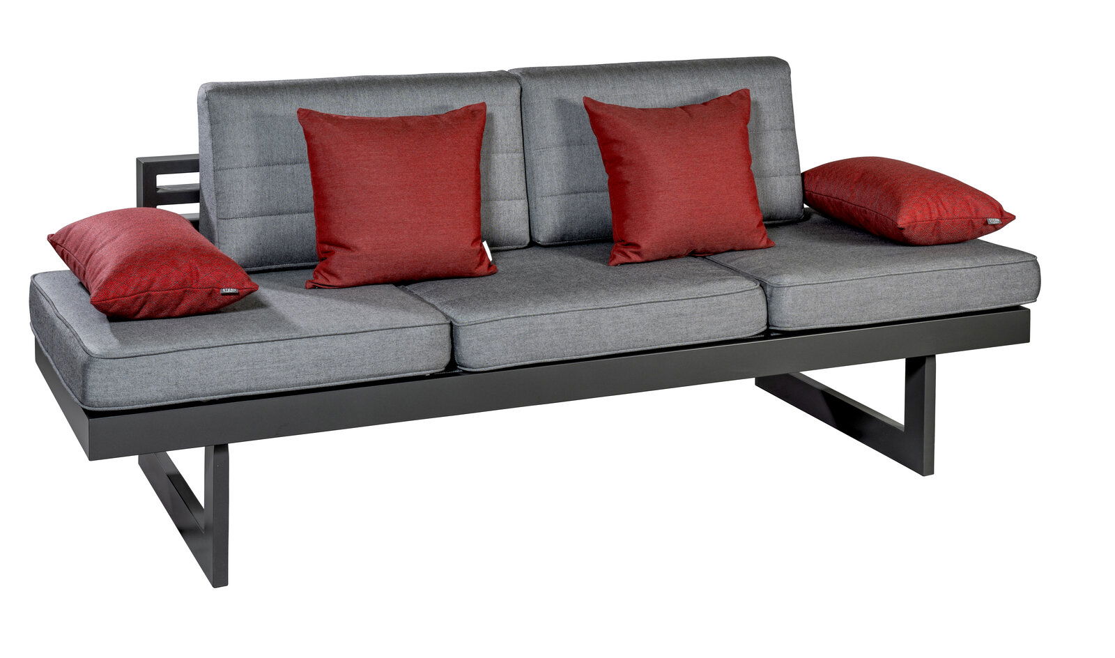 Stern Dekokissen Graues Sofa mit roten Dekokissen, seitliche Perspektive