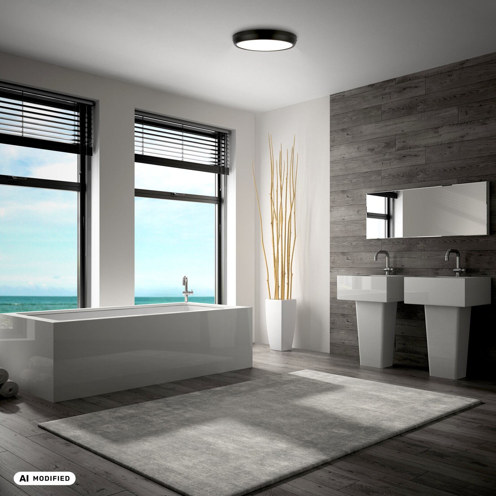 Moderne badkamer met vrijstaand wit ligbad, dubbele wastafel en ronde plafondlamp; frontaal interieurzicht vanuit ooghoogte
