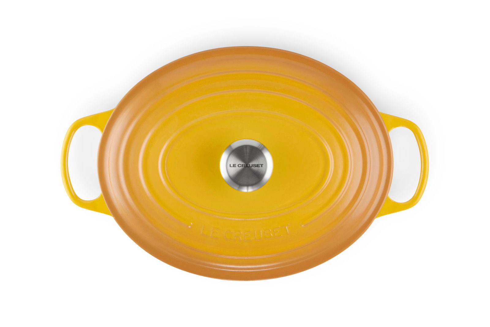 Bräter Oval Nectar von oben mit gelb-orangefarbenem Deckel und seitlichen Griffen