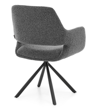 Rückansicht eines modernen grauen Armlehnstuhls mit schwarzem Metallgestell und vier Beinen.