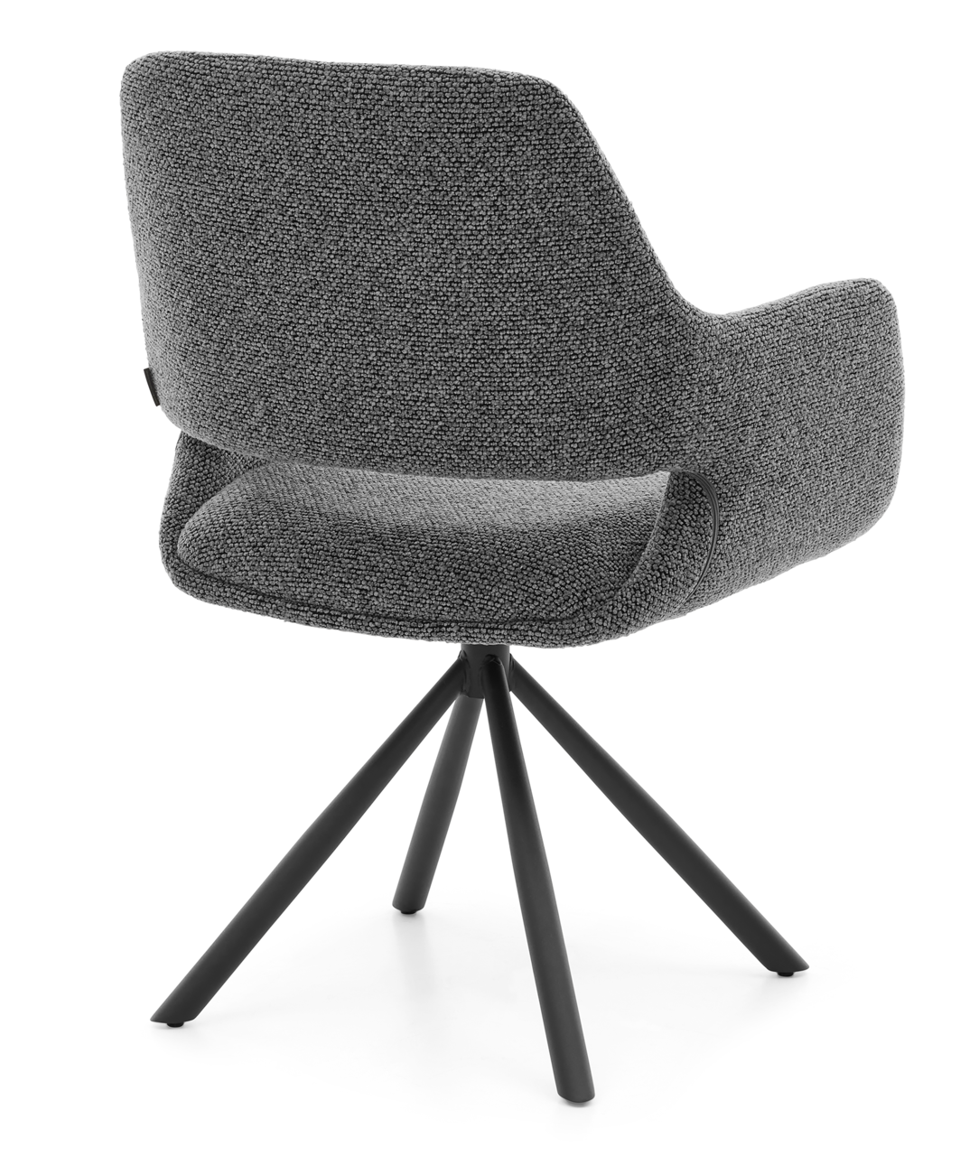 Rückansicht eines modernen grauen Armlehnstuhls mit schwarzem Metallgestell und vier Beinen.