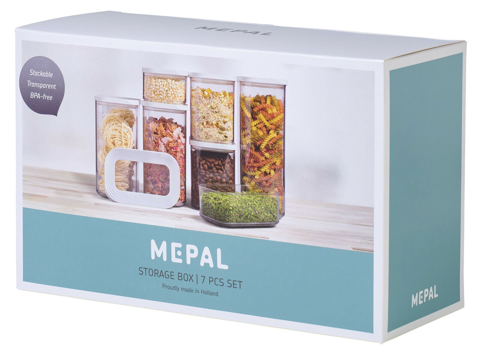 Vorratsdosen-Set Modula 7-tlg von Mepal, stapelbar und transparent, aus der Seitenperspektive fotografiert.