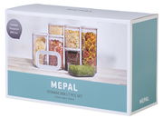 Vorratsdosen-Set Modula 7-tlg von Mepal, stapelbar und transparent, aus der Seitenperspektive fotografiert.