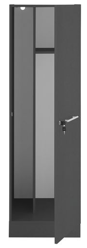 Geöffneter grauer Haushaltschrank mit einem Fach und einer Kleiderstange, seitliche Perspektive