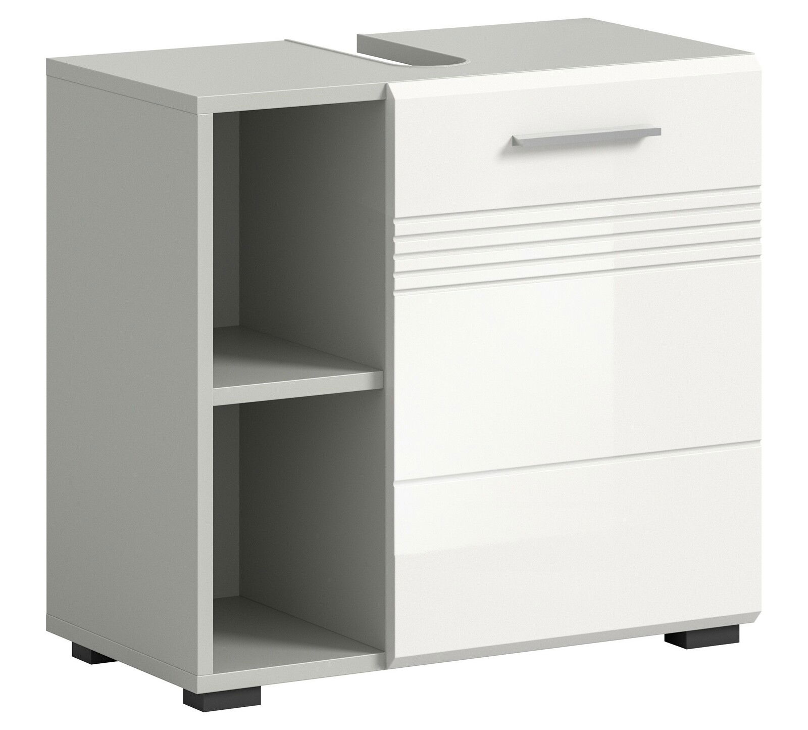 MID.YOU Waschbeckenunterschrank COPA Moderner Waschbeckenunterschrank in Weiß mit offenen Regalfächern und Schublade, seitliche Perspektive