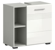 Moderner Waschbeckenunterschrank in Weiß mit offenen Regalfächern und Schublade, seitliche Perspektive