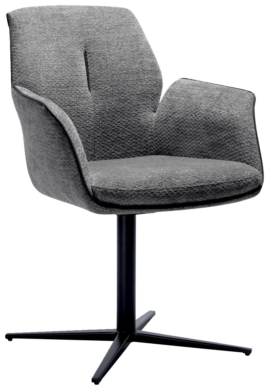 Grauer Armlehnstuhl mit modernem Design, seitliche Perspektive