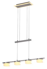 Moderne Pendelleuchte Jesse mit vier zylindrischen Lampenschirmen in Seitenansicht.