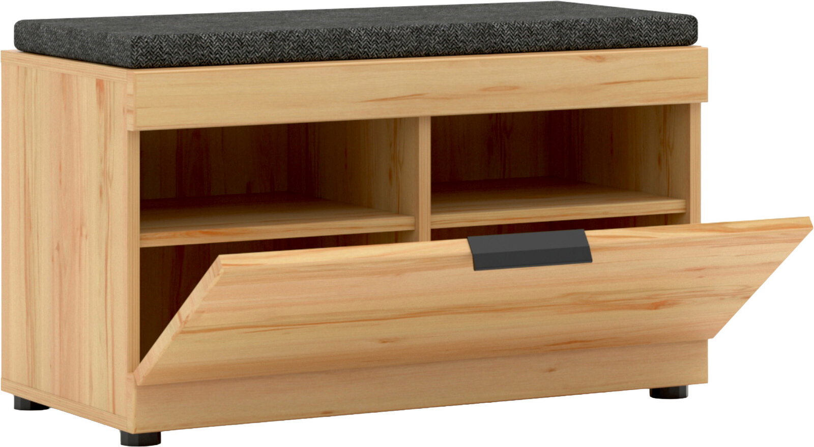 Schuhbank aus hellem Holz mit schwarzem Sitzkissen, offener Klappe und zwei Innenfächern, Ansicht schräg von vorn.