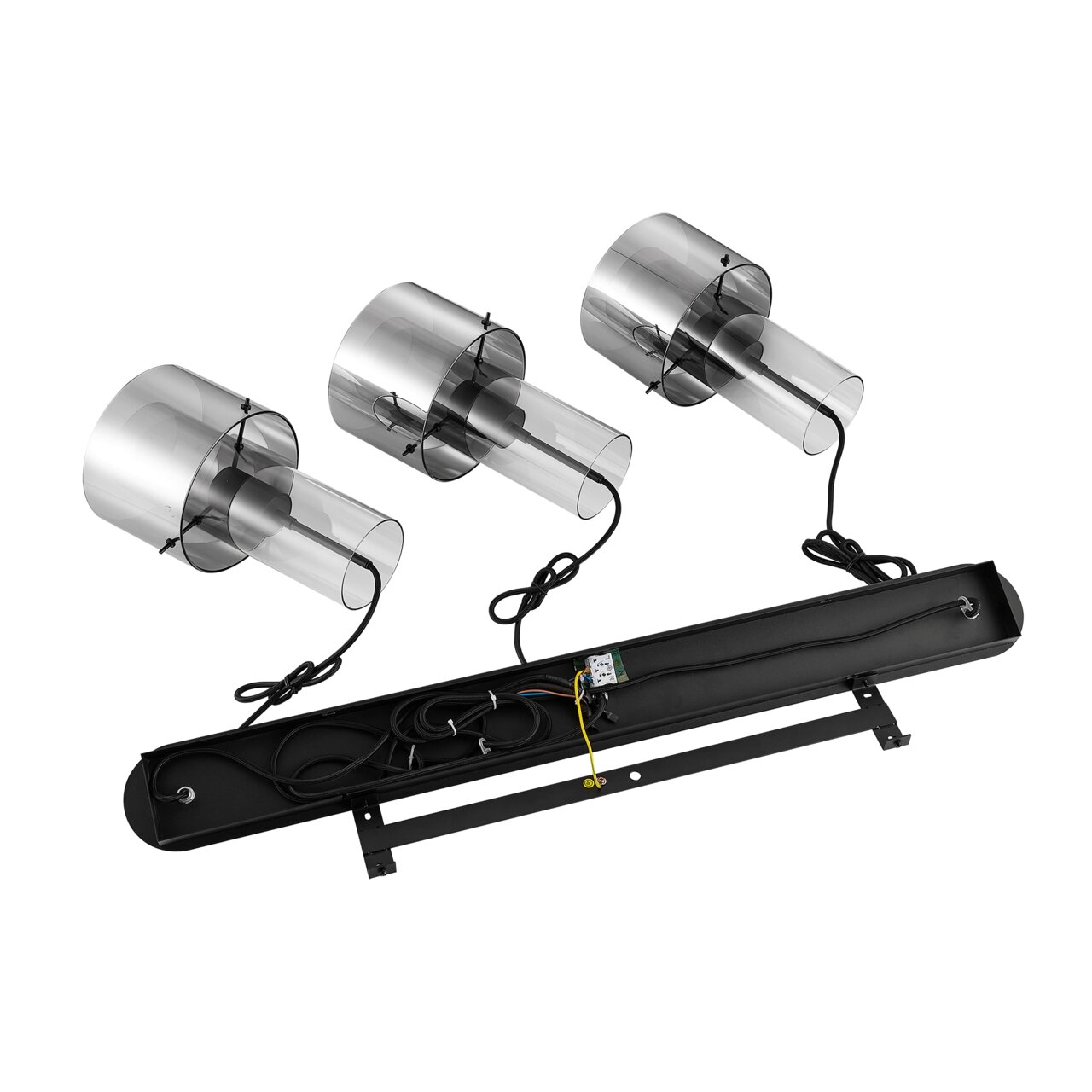 Moderne hanglamp met drie cilindervormige, transparante lampenkappen, gezien van bovenaf.