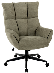Bequemer Chefsessel in Olivgrün mit gepolsterter Rückenlehne und Armlehnen, seitliche Perspektive