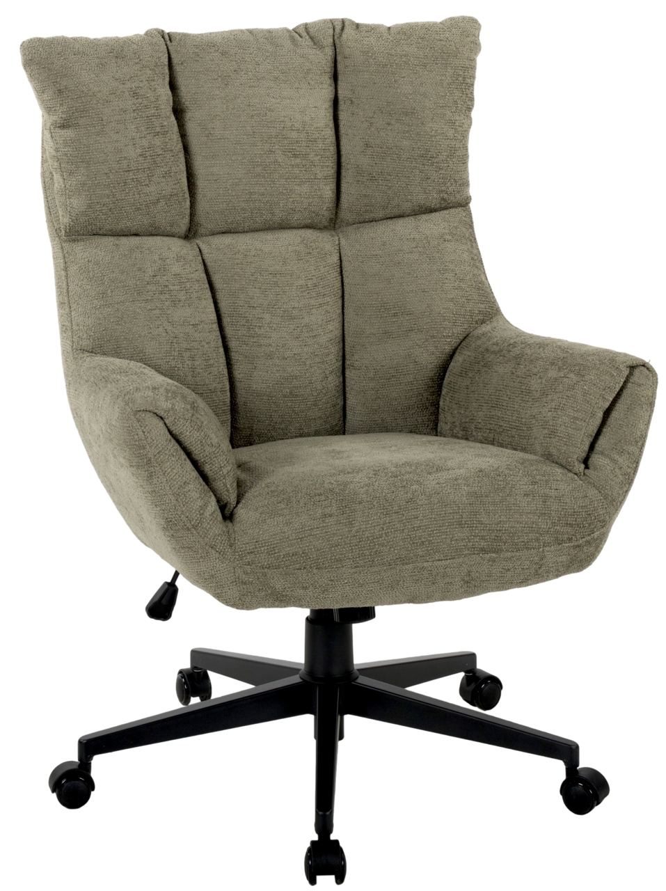 Bequemer Chefsessel in Olivgrün mit gepolsterter Rückenlehne und Armlehnen, seitliche Perspektive