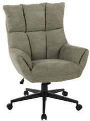 Bequemer Chefsessel in Olivgrün mit gepolsterter Rückenlehne und Armlehnen, seitliche Perspektive
