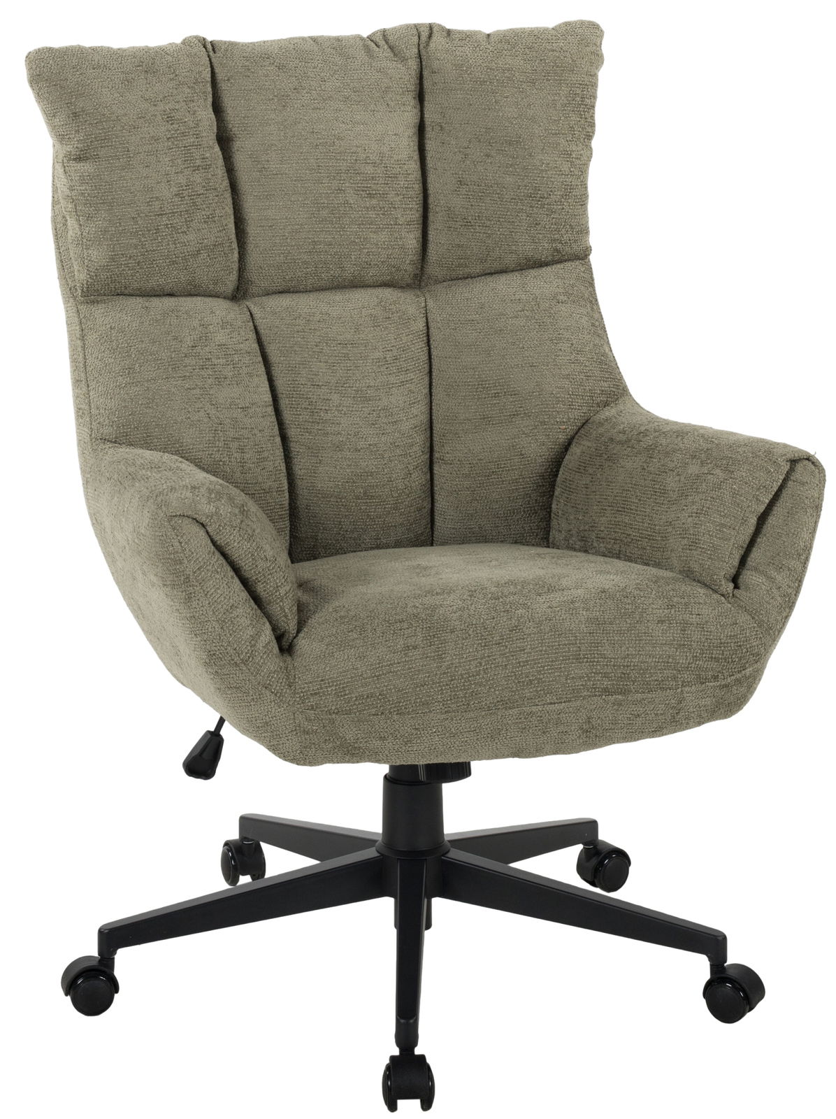 Bequemer Chefsessel in Olivgrün mit gepolsterter Rückenlehne und Armlehnen, seitliche Perspektive