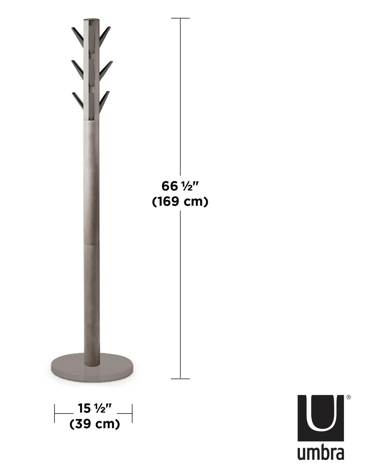 Moderner Garderobenständer aus Metall mit mehreren Haken, seitliche Ansicht, Höhe 169 cm, Breite 39 cm.