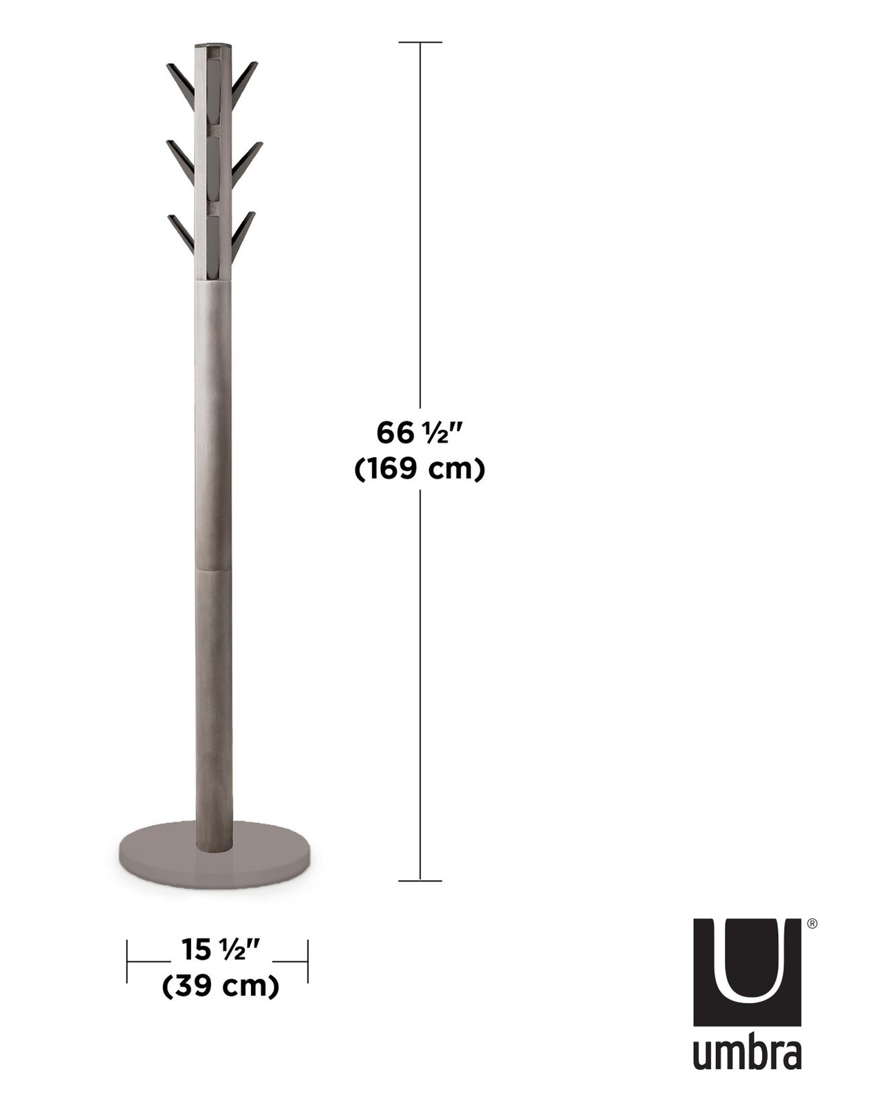 Moderner Garderobenständer aus Metall mit mehreren Haken, seitliche Ansicht, Höhe 169 cm, Breite 39 cm.