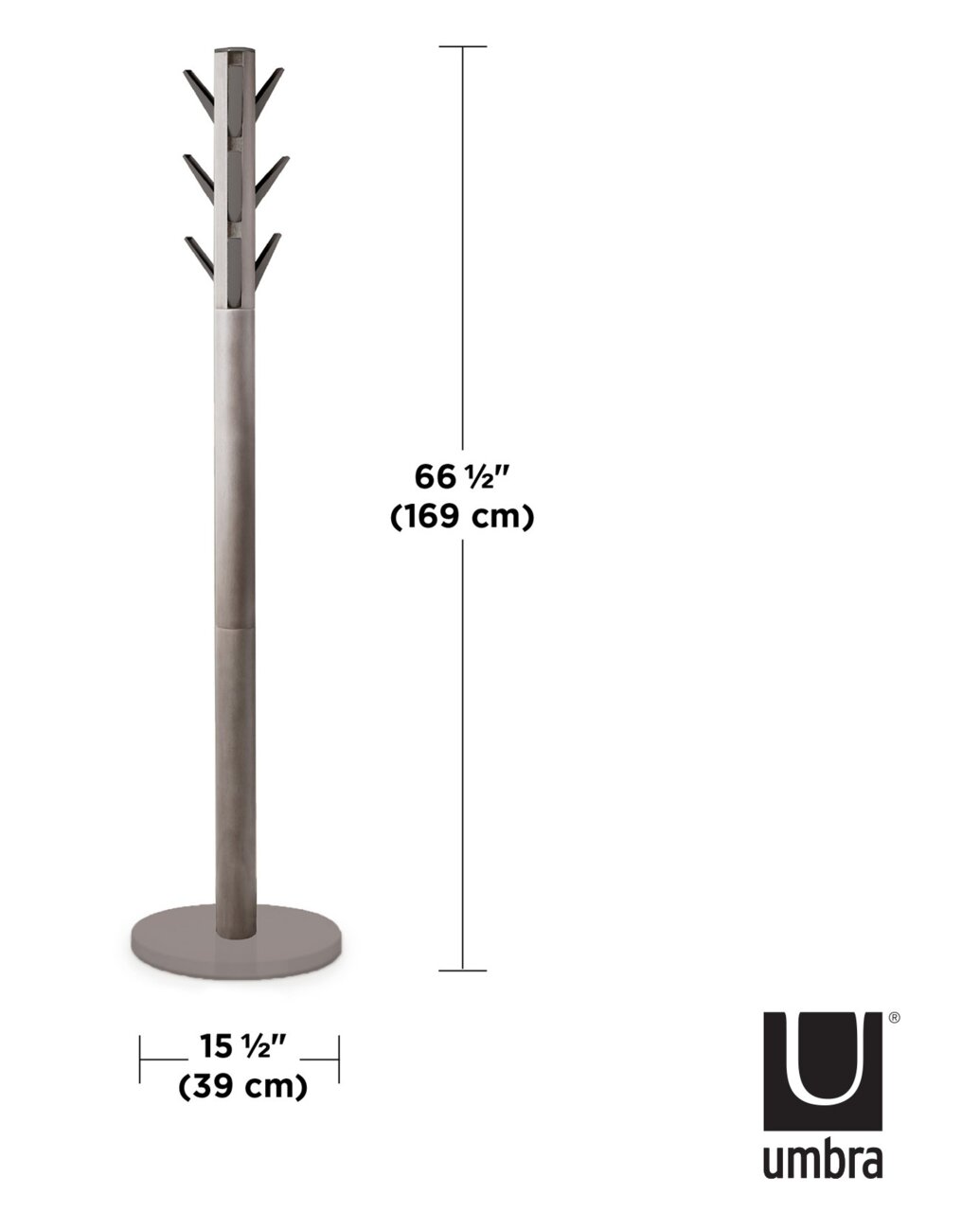 Moderner Garderobenständer aus Metall mit mehreren Haken, seitliche Ansicht, Höhe 169 cm, Breite 39 cm.