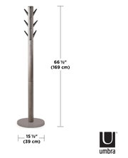 Moderner Garderobenständer aus Metall mit mehreren Haken, seitliche Ansicht, Höhe 169 cm, Breite 39 cm.