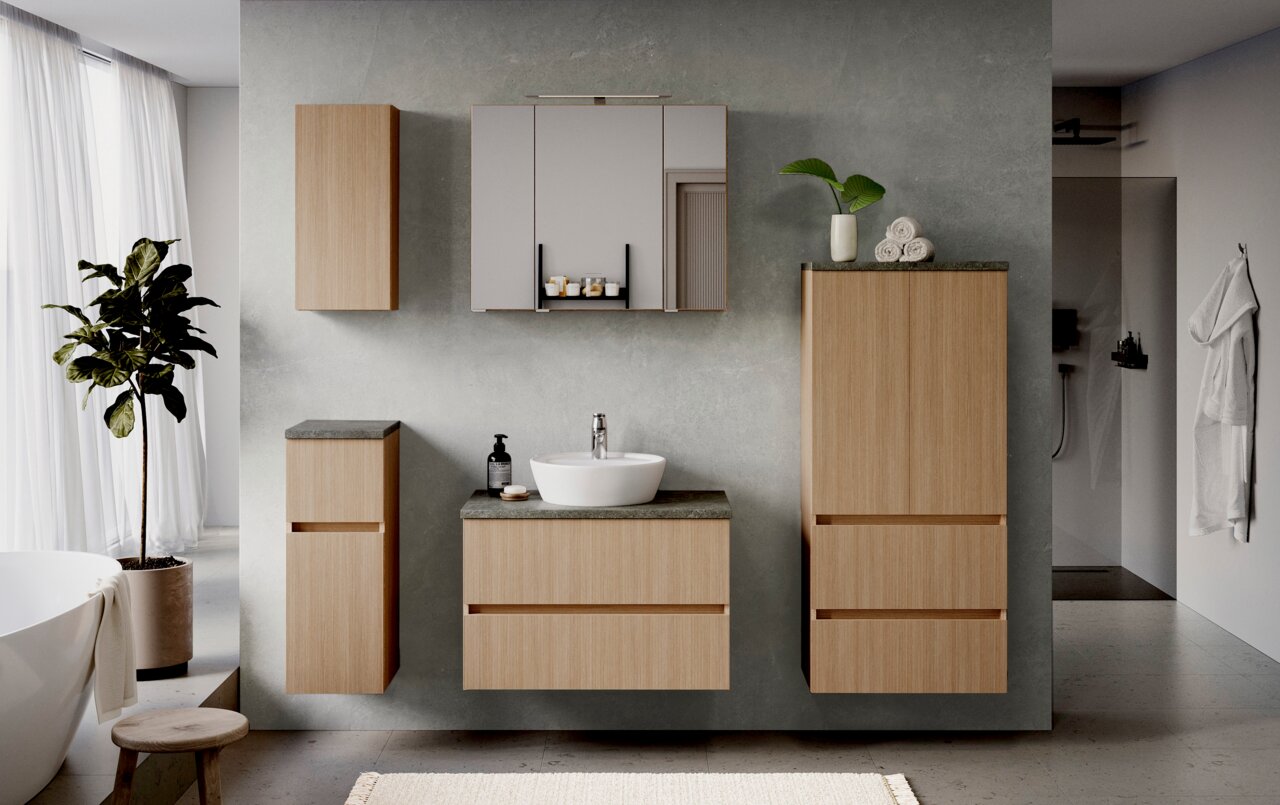 Moderner Midischrank 60 cm in Holzoptik, frontal im Badezimmer mit Waschbecken und Spiegel gezeigt.