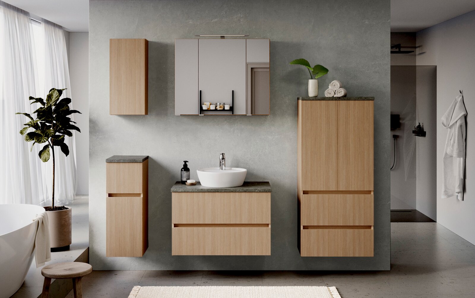 Moderner Midischrank 60 cm in Holzoptik, frontal im Badezimmer mit Waschbecken und Spiegel gezeigt.
