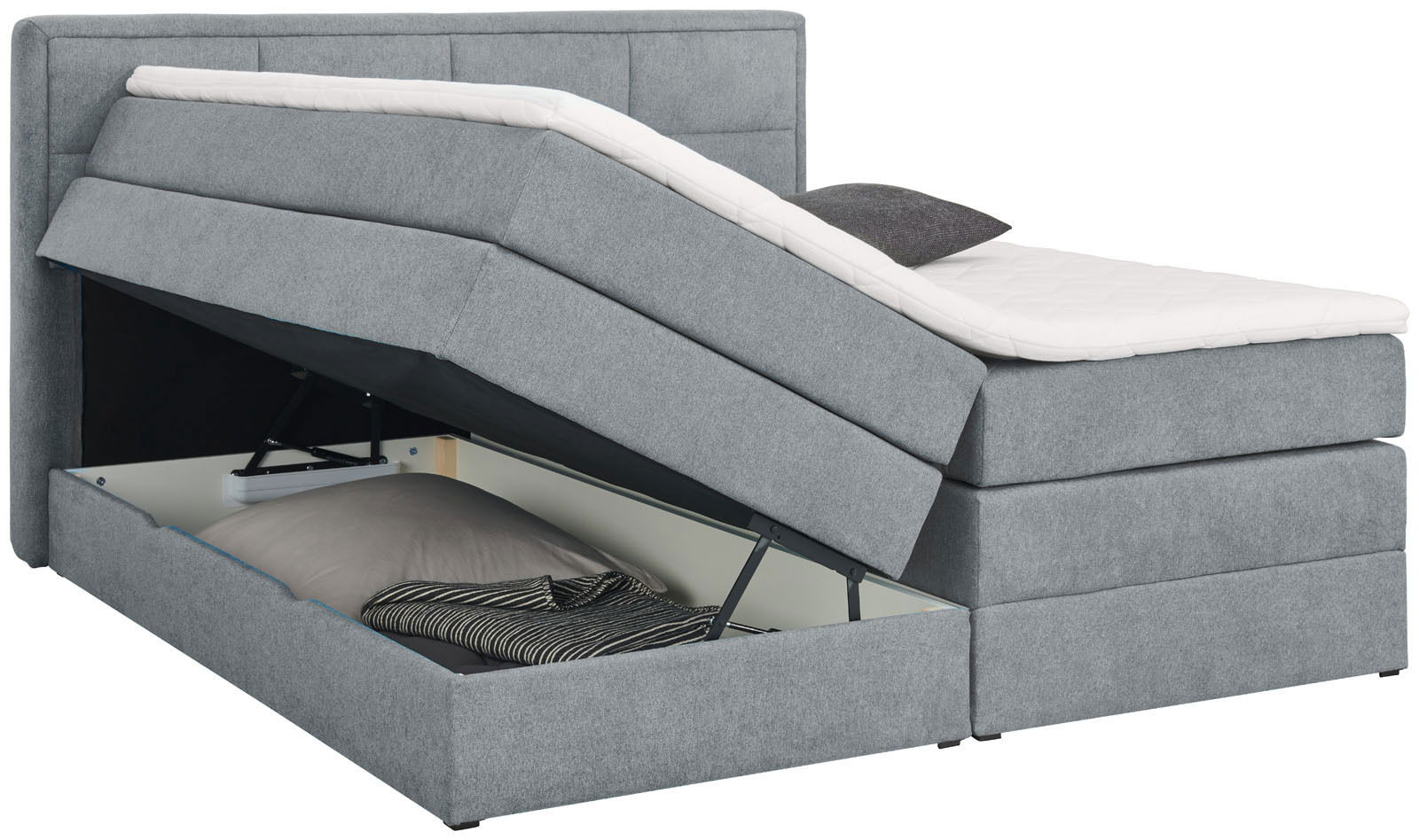 Graues Boxspringbett mit geöffnetem Bettkasten, seitliche Perspektive