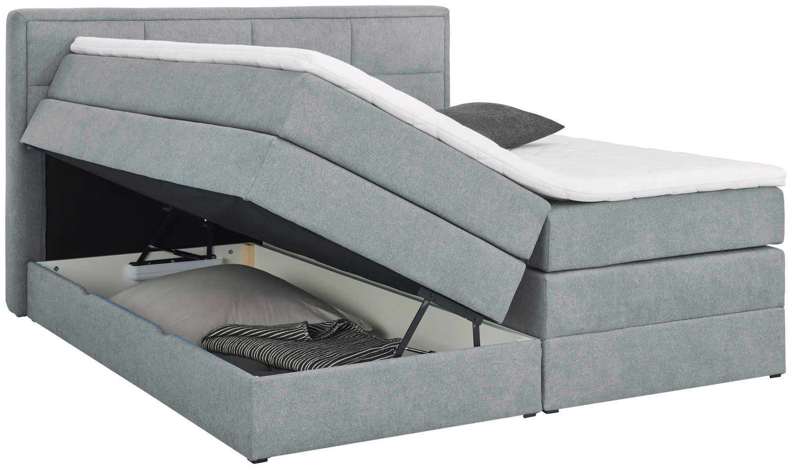 Graues Boxspringbett mit geöffnetem Bettkasten, seitliche Perspektive