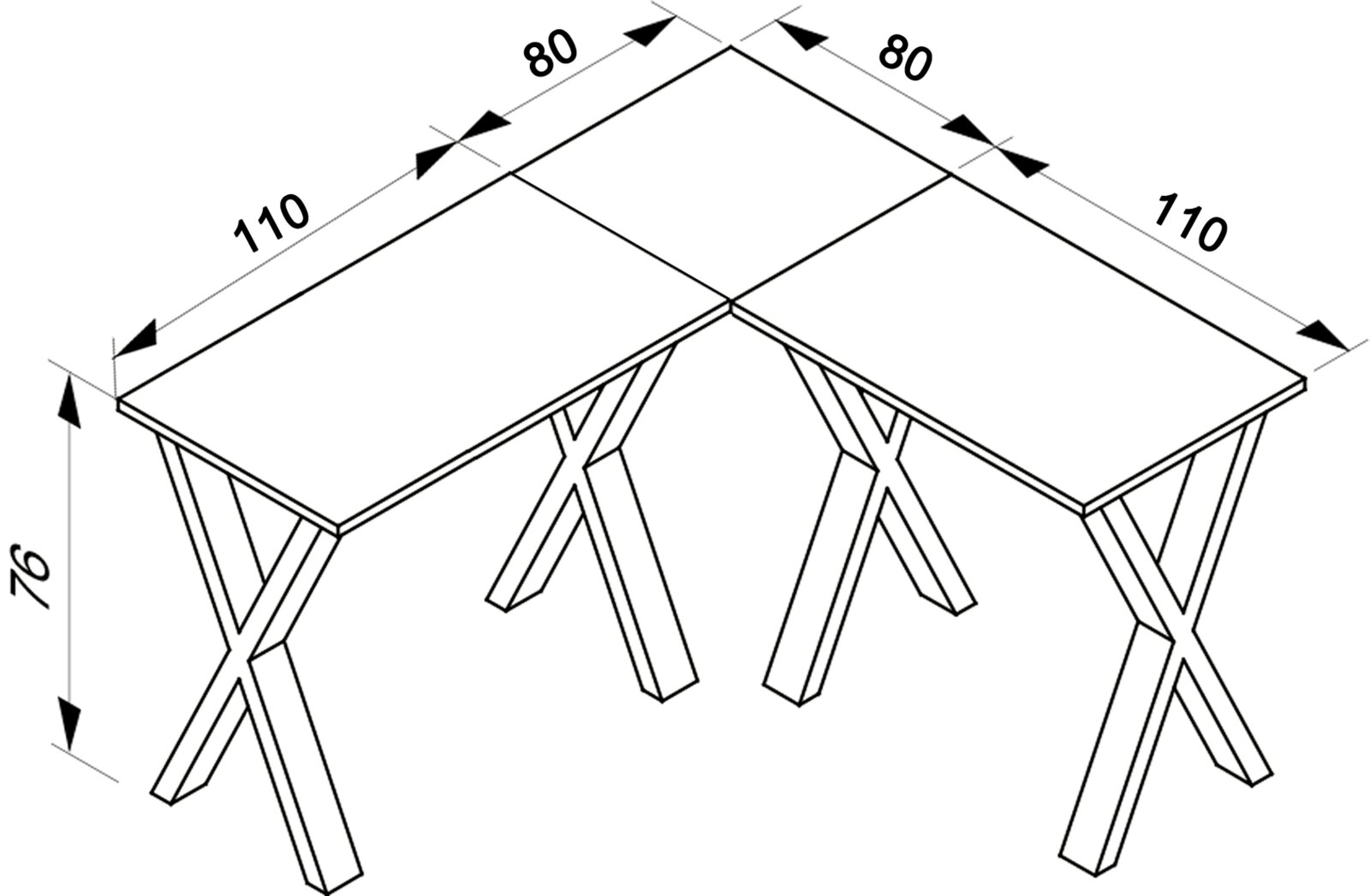 Isometrische Ansicht einer L-förmigen Eckschreibtisch-Kombination mit zwei Tischplatten auf X-Gestellen, Maße ca. 110×80 cm je Seite und Höhe 76 cm, als technische Skizze mit Bemaßung