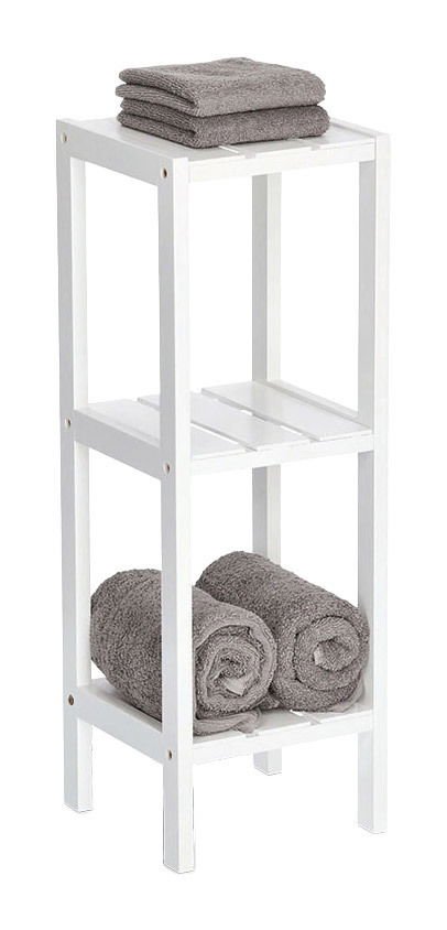 Weißes Standregal mit drei Ablagen, frontal abgebildet, mit grauen Handtüchern dekoriert.