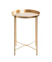 Runder Beistelltisch in Gold mit Tablett-Oberfläche und schlanken Metallbeinen, freigestellt auf weißem Hintergrund, Frontansicht leicht von oben