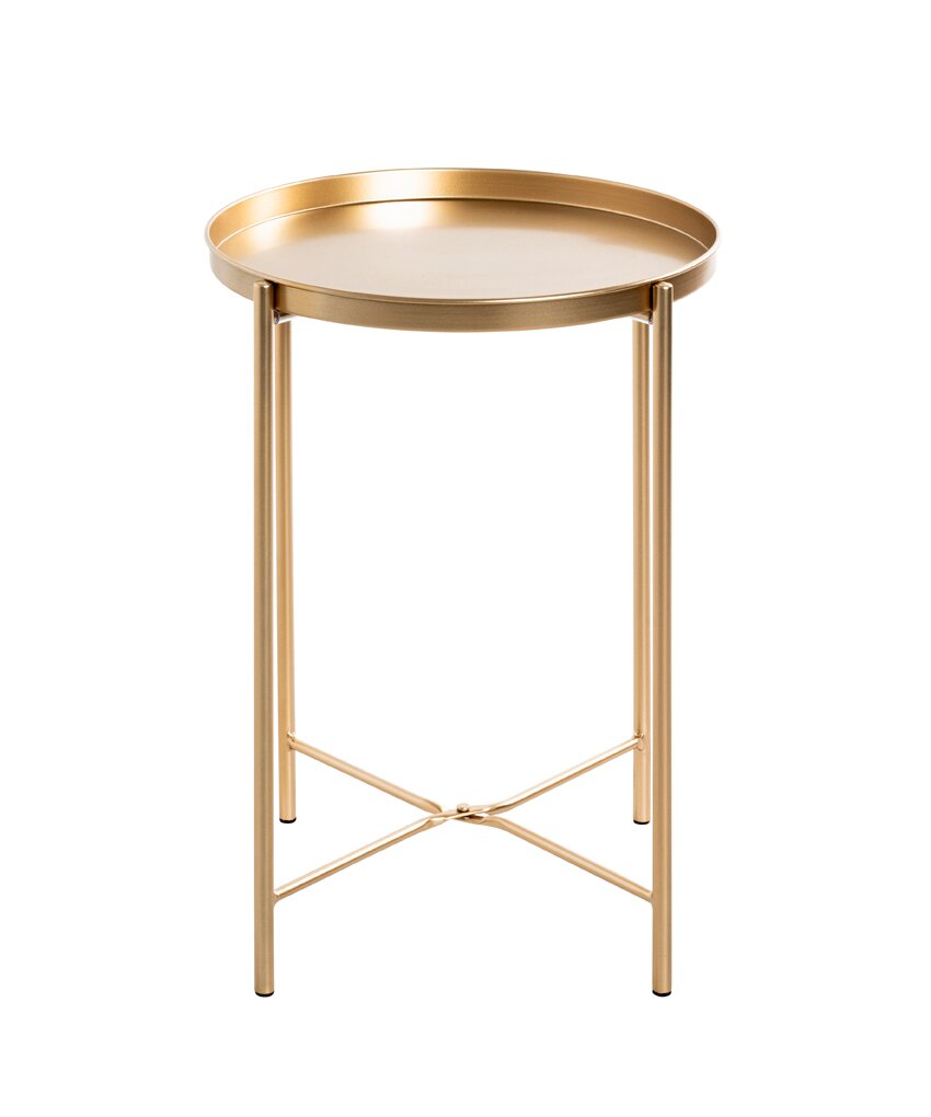 Runder Beistelltisch in Gold mit Tablett-Oberfläche und schlanken Metallbeinen, freigestellt auf weißem Hintergrund, Frontansicht leicht von oben