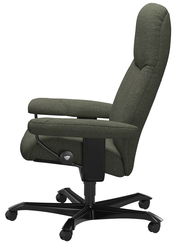 Seitenansicht eines grünen Chefsessels mit gepolstertem Sitz und Rückenlehne, auf einem schwarzen Drehfuß mit Rollen.