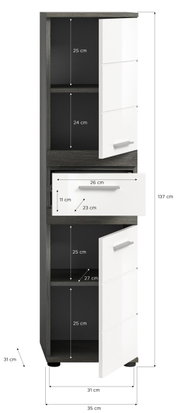 Hochschrank mit weißer Front und dunklem Korpus, zwei Türen und einer Schublade, perspektivisch von vorne rechts gezeigt.