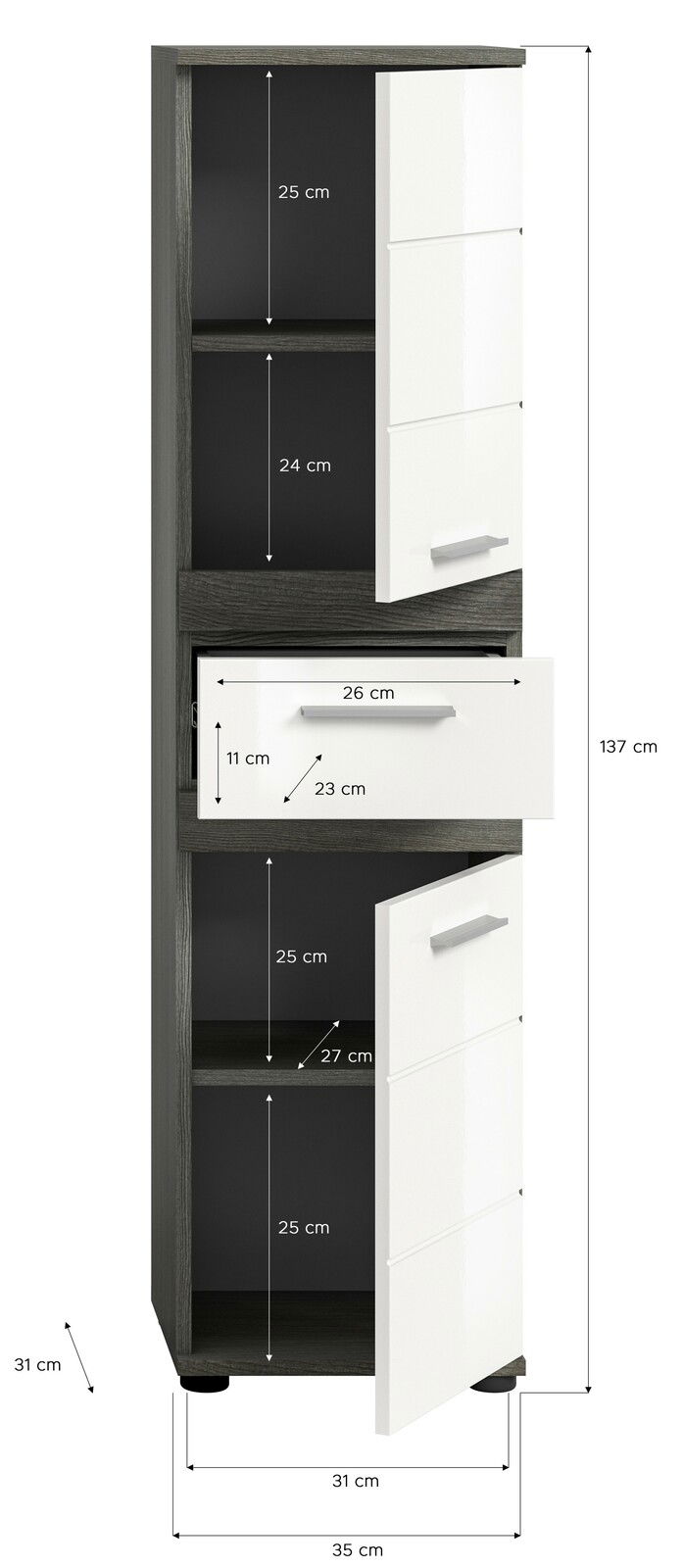 Hochschrank mit weißer Front und dunklem Korpus, zwei Türen und einer Schublade, perspektivisch von vorne rechts gezeigt.
